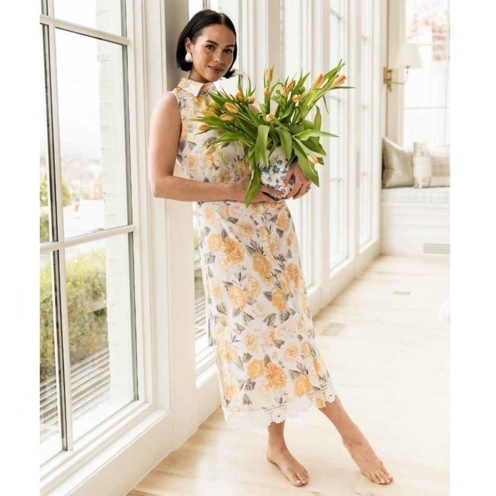 NEW Rachel Parcell Sleeveless Floral Midi Shirt Dress Ivory Yellow 10